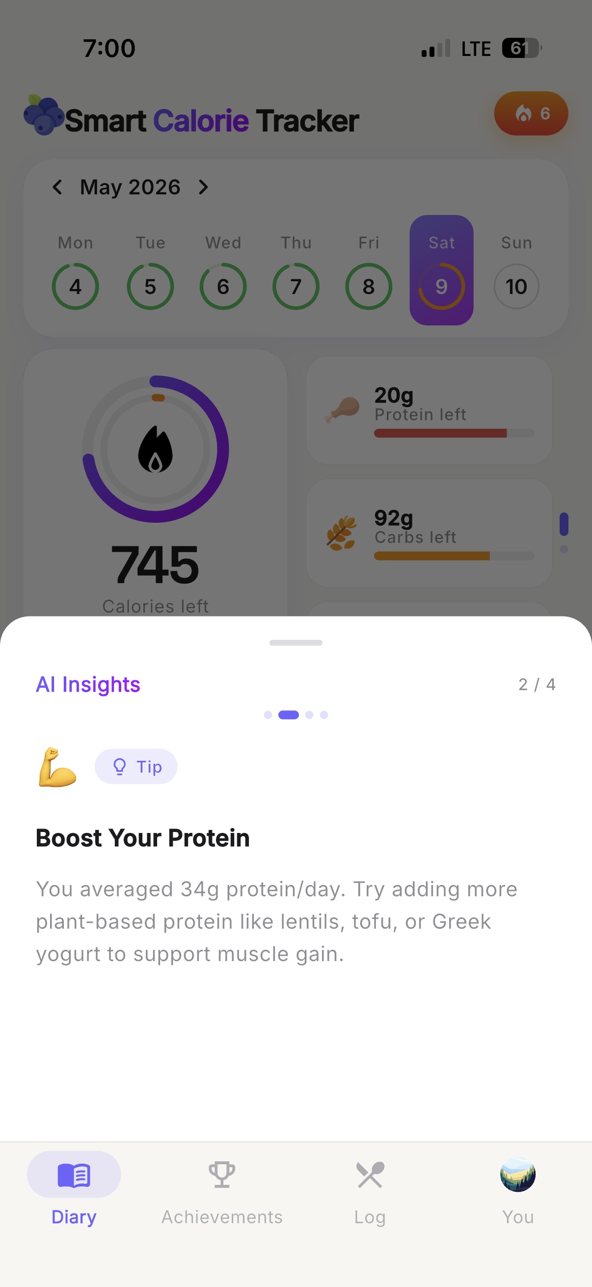 Weekly insights card showing trends and personalized tips.