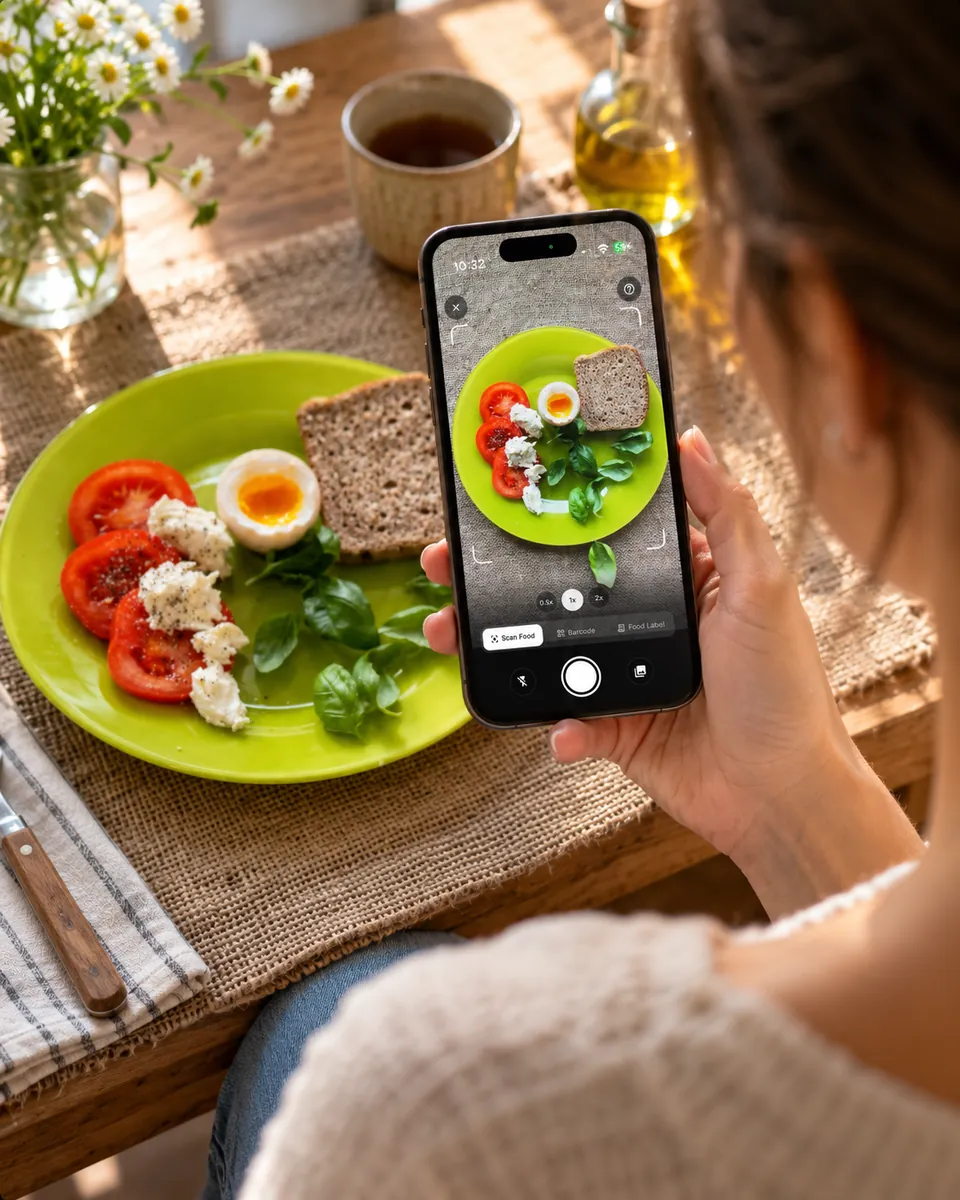A woman photographs her plate of tomato, mozzarella, egg and rye bread with the Smart Calorie Tracker food scanner.