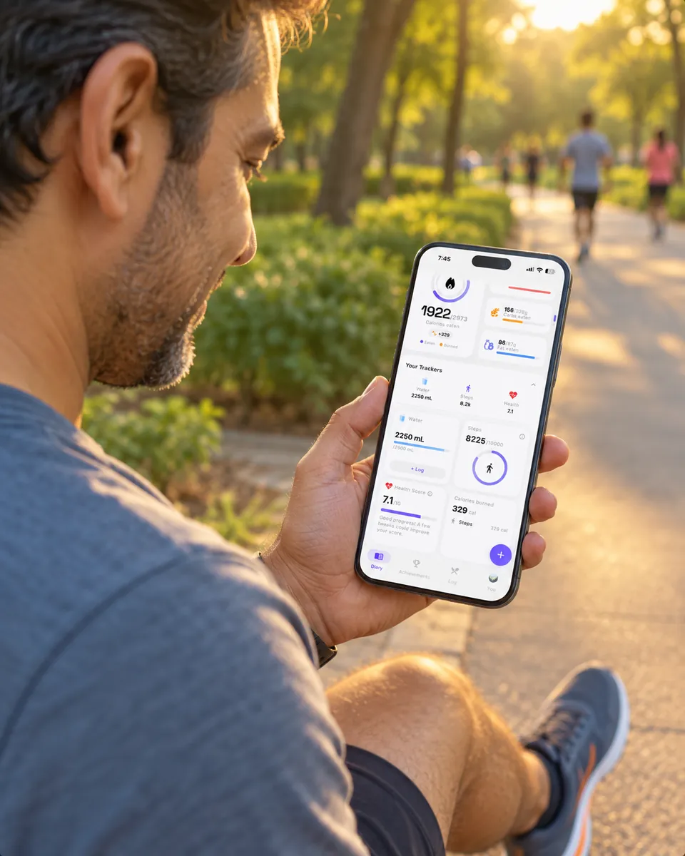 A man checks his steps, water and health score in Smart Calorie Tracker after a walk in the park.